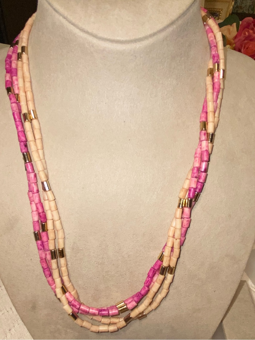 Multi-Strand Pink and Peach Beaded Necklace